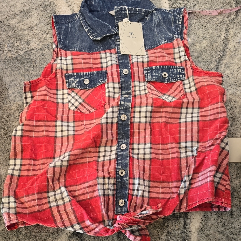 Bienzoe Girls Plaid / Denim Western Stylve Sleevless Top